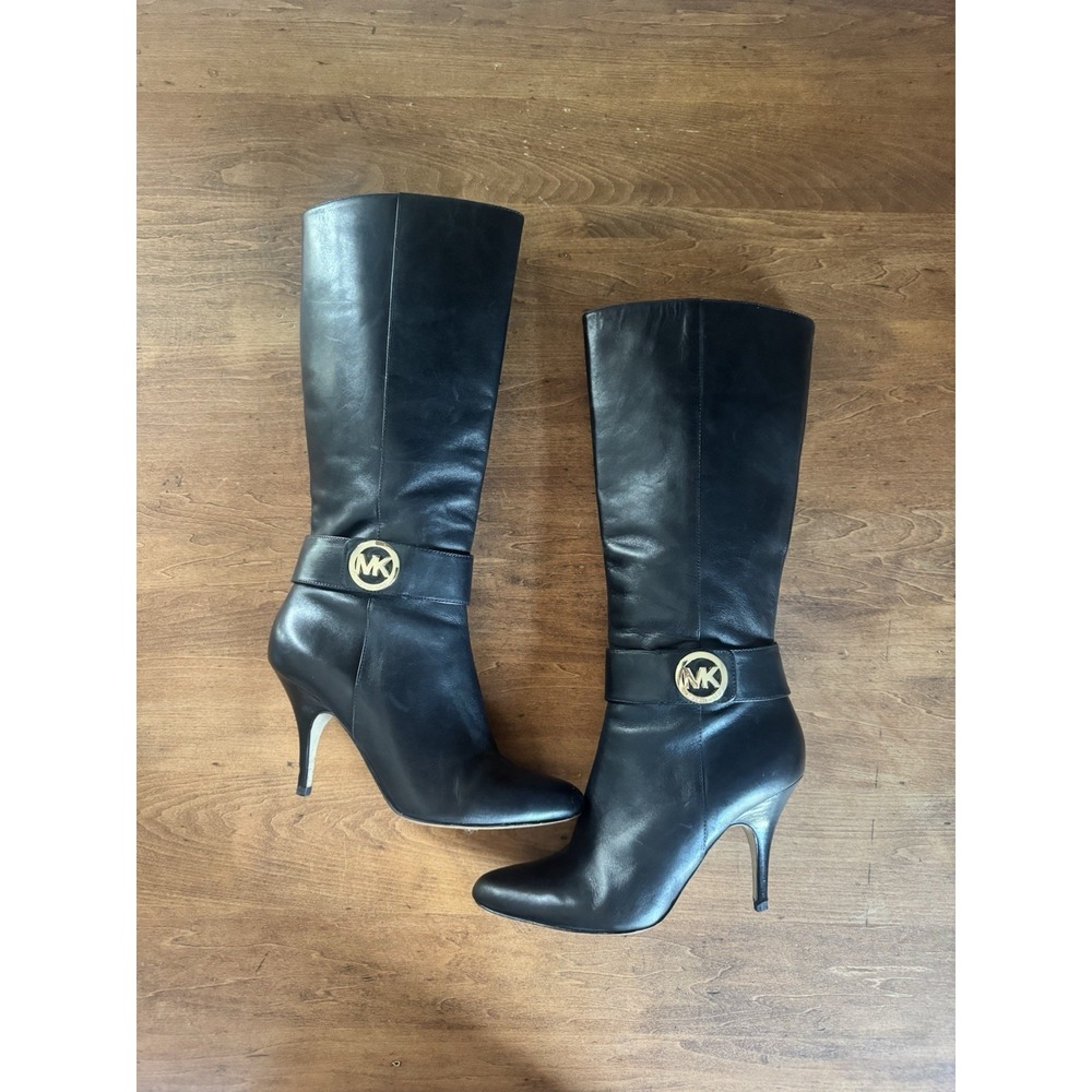 Michael Kors Womens 7M Black Leather Knee High Boots Gold MK Stiletto